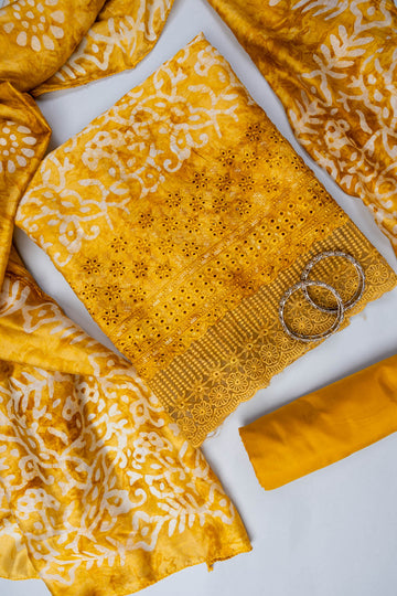 Mustard Cutwork, Sequence & Threadwork Cotton Unstitched Salwar Suit With Cotton Dupatta