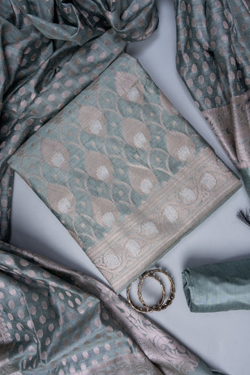 Ash Grey Banarasi Woven Zari Cotton Unstitched Salwar Suit With Cotton Dupatta