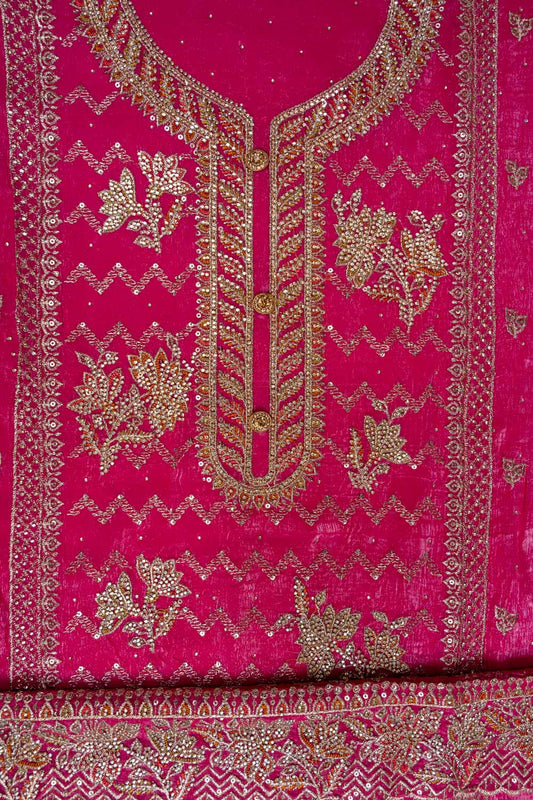 Gajari Sequence, Swarovski, Zarkan & Zari Threadwork Georgette Unstitched Salwar Suit With Georgette Dupatta