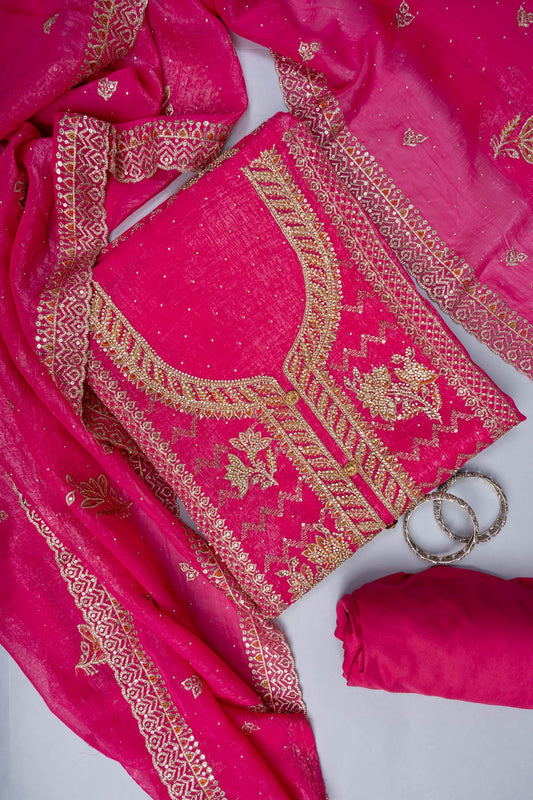 Gajari Sequence, Swarovski, Zarkan & Zari Threadwork Georgette Unstitched Salwar Suit With Georgette Dupatta