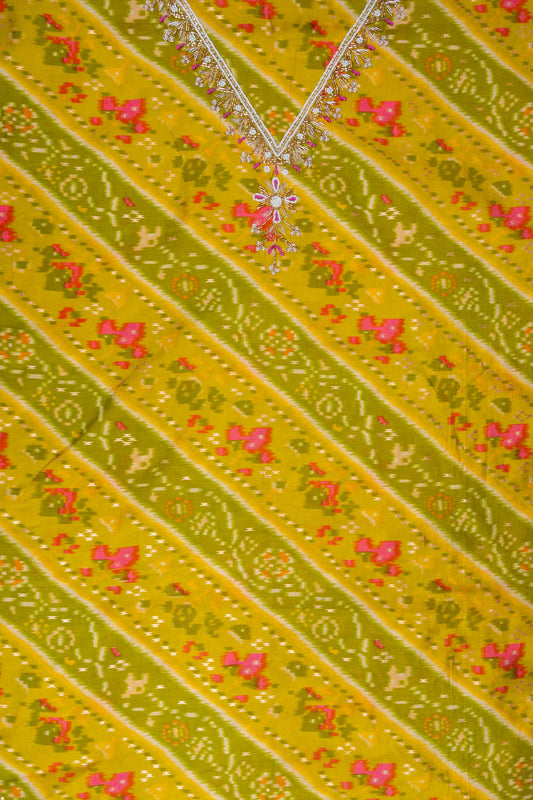 Pista Bead, Cutdana, Dabka, Sequence, Zarkan & Digital Printed Cotton Unstitched Salwar Suit With Cotton Dupatta