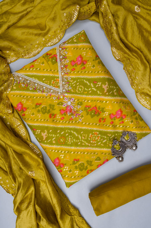 Pista Bead, Cutdana, Dabka, Sequence, Zarkan & Digital Printed Cotton Unstitched Salwar Suit With Cotton Dupatta