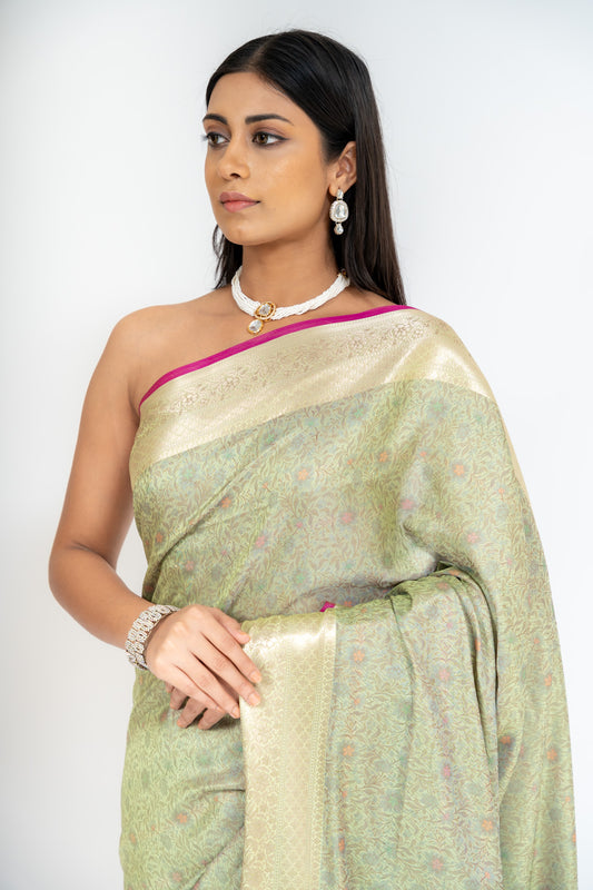 Wrapped In Elegance Pista Banarasi Silk Saree With Unstitched Blouse