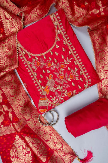 Rani Bead, Cutdana, Dabka, Sequence & Zari Threadwork Cotton Unstitched Salwar Suit With Cotton Dupatta