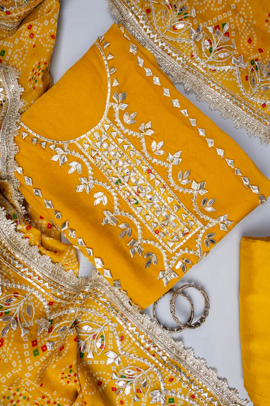 Mustard Gotta Patti Organza Unstitched Salwar Suit With Organza Dupatta
