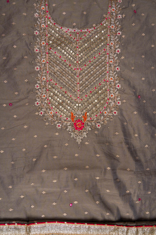 Pista Bead, Cutdana, Dabka, Sequence & Zari Threadwork Cotton Unstitched Salwar Suit With Cotton Dupatta