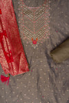 Pista Bead, Cutdana, Dabka, Sequence & Zari Threadwork Cotton Unstitched Salwar Suit With Cotton Dupatta