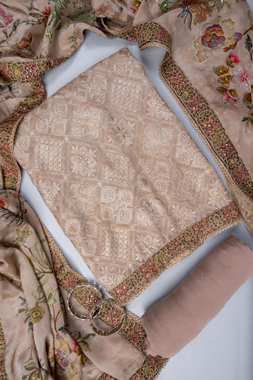 Chikoo Sequence, Zarkan & Threadwork Georgette Unstitched Salwar Suit With Crepe dupatta