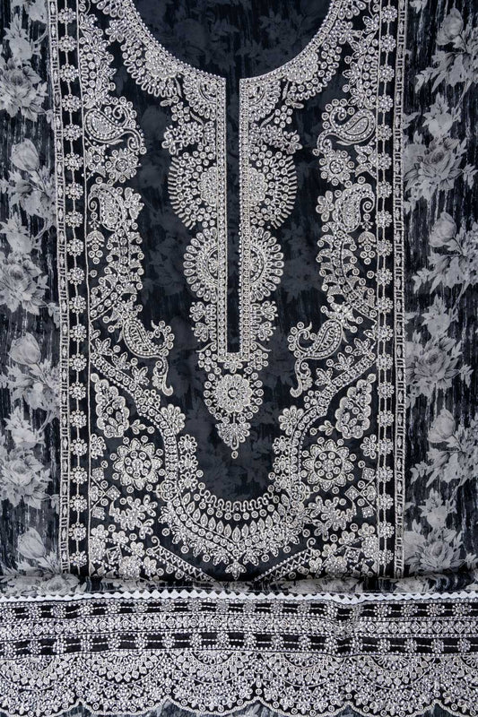 Black Sequence & Threadwork Organza Unstitched Salwar Suit With Chiffon dupatta