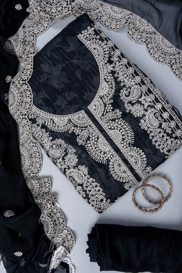 Black Sequence & Threadwork Organza Unstitched Salwar Suit With Chiffon dupatta