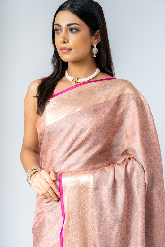 Graceful Flow Peach Banarasi Silk Saree With Unstitched Blouse