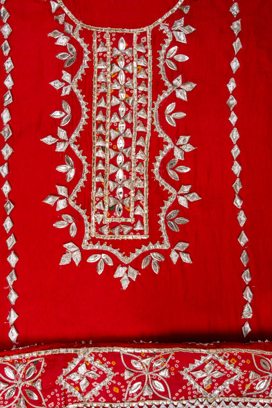 Red Gotta Patti Organza Unstitched Salwar Suit With Organza Dupatta