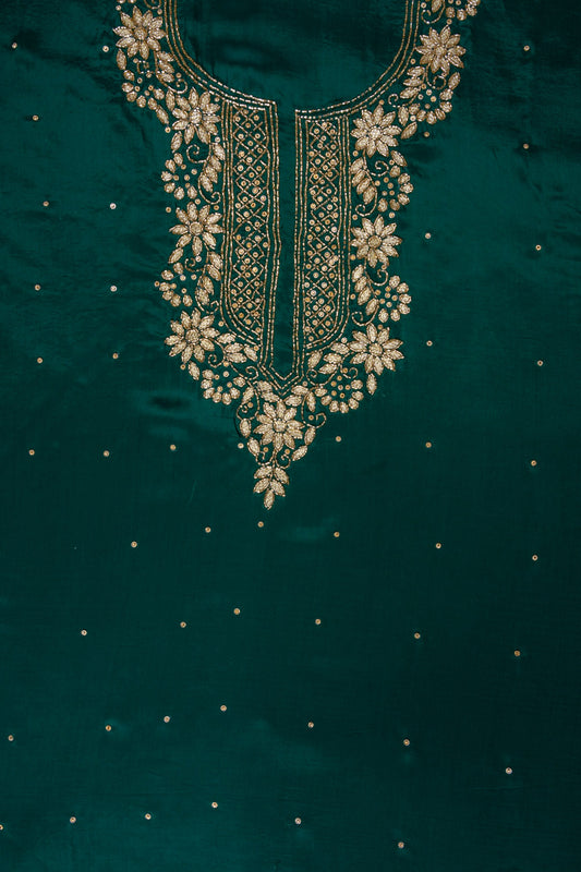 Bottle Green Cutdana, Chandla & Gotta Patti Crepe Unstitched Salwar Suit With Chiffon Dupatta