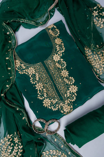 Bottle Green Cutdana, Chandla & Gotta Patti Crepe Unstitched Salwar Suit With Chiffon Dupatta