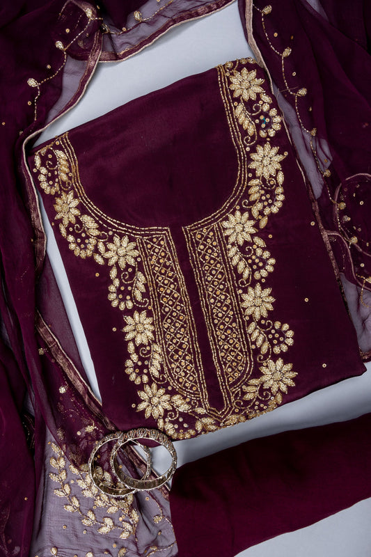 Wine Cutdana, Chandla & Gotta Patti Crepe Unstitched Salwar Suit With Chiffon Dupatta