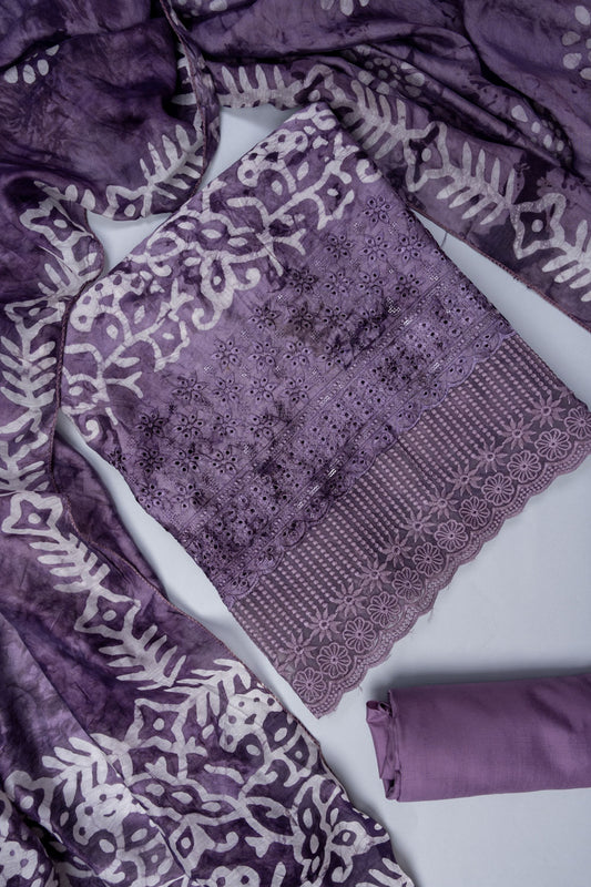 Mauve Cutwork, Sequence & Threadwork Cotton Unstitched Salwar Suit With Cotton Dupatta