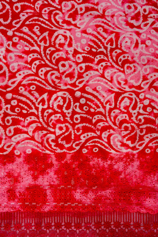 Red Cutwork, Sequence & Threadwork Cotton Unstitched Salwar Suit With Cotton Dupatta