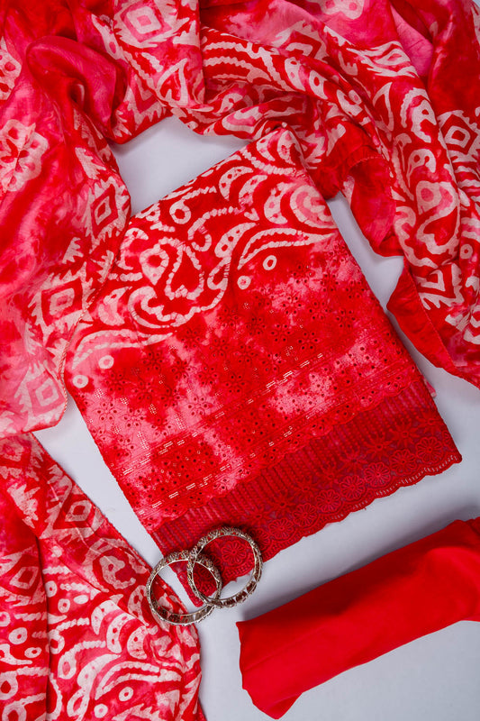 Red Cutwork, Sequence & Threadwork Cotton Unstitched Salwar Suit With Cotton Dupatta