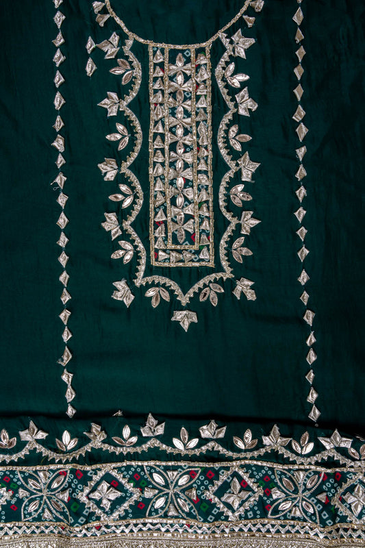 Bottle Green Gotta Patti Organza Unstitched Salwar Suit With Organza Dupatta