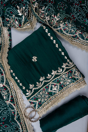 Bottle Green Gotta Patti Organza Unstitched Salwar Suit With Organza Dupatta