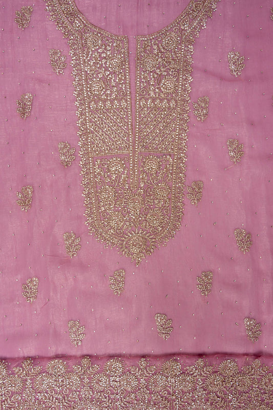 Gajari Swarovski, Zarkan & Zari Threadwork Shimmer Unstitched Salwar Suit With Shimmer Dupatta