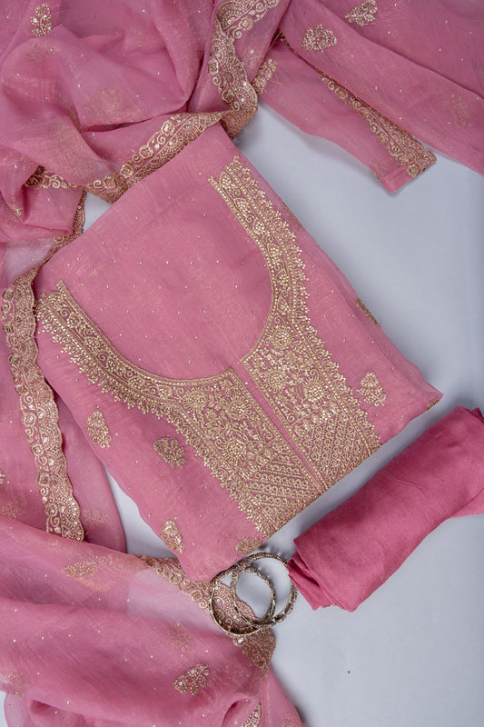 Gajari Swarovski, Zarkan & Zari Threadwork Shimmer Unstitched Salwar Suit With Shimmer Dupatta