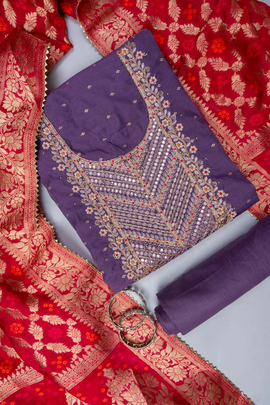 Mauve Bead, Cutdana, Dabka, Sequence & Zari Threadwork Cotton Unstitched Salwar Suit With Cotton Dupatta