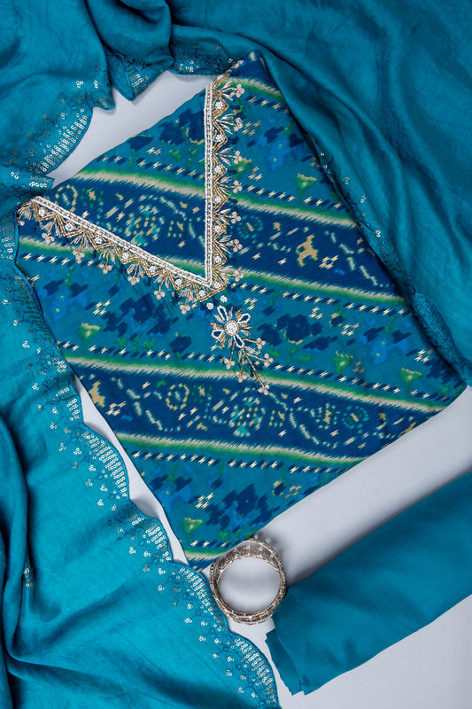 Rama Bead, Cutdana, Dabka, Sequence, Zarkan & Digital Printed Cotton Unstitched Salwar Suit With Cotton Dupatta