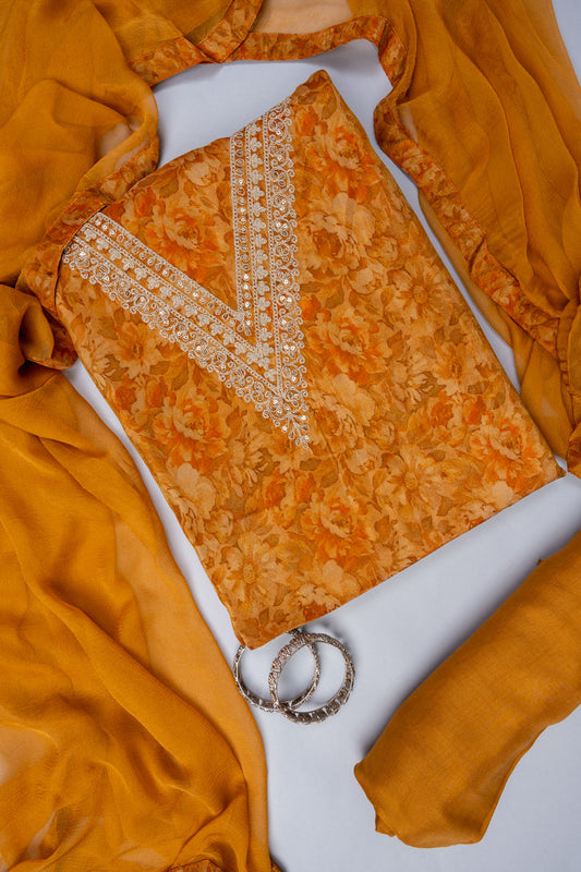 Mustard Sequence, Zari Threadwork & Digital Printed Tissue Unstitched Salwar Suit With Chiffon Dupatta