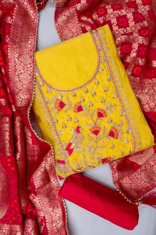 Lemon Gold Bead, Cutdana, Dabka, Sequence & Zari Threadwork Cotton Unstitched Salwar Suit With Cotton Dupatta