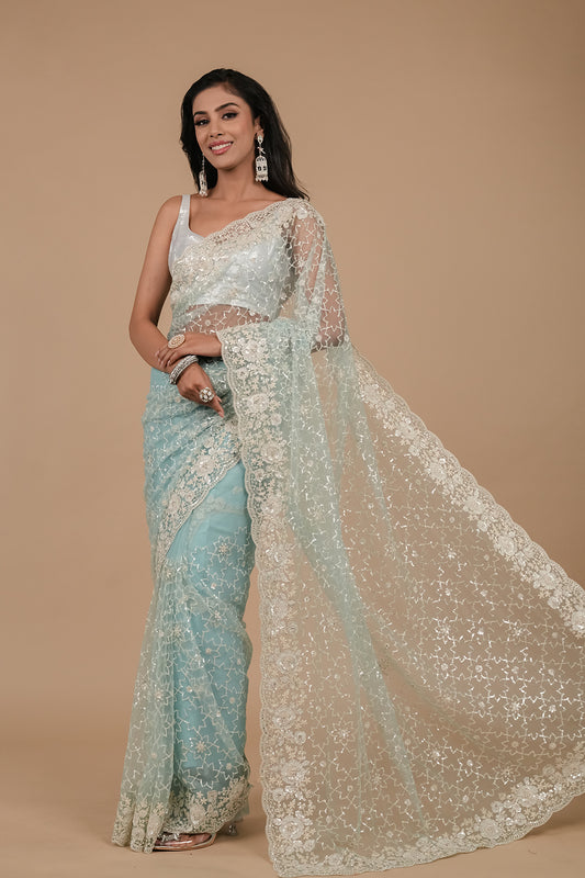 Tea Green Sequence, Threadwork & Zarkan Net Saree With Unstitched Blouse