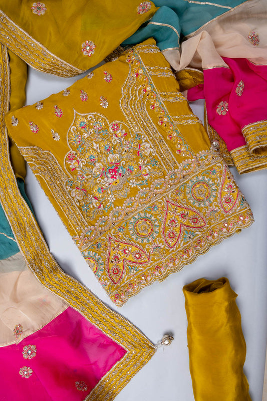 Pista Sequence & Zari Threadwork Crepe Unstitched Salwar Suit With Crepe Dupatta