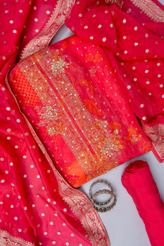 Rani Bead, Cutdana, Dabka, Sequence & Zari Threadwork Cotton Unstitched Salwar Suit With Georgette Dupatta