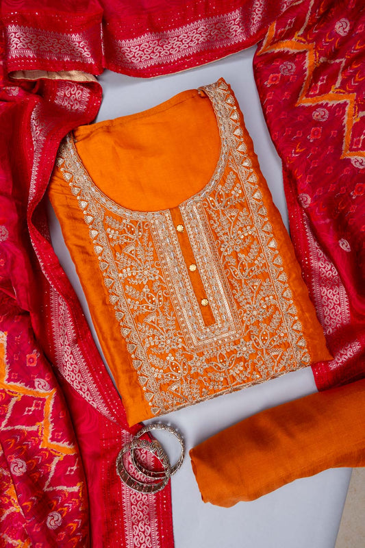 Mustard Gotta Patti, Sequence & Zari Threadwork Cotton Unstitched Salwar Suit With Cotton Dupatta
