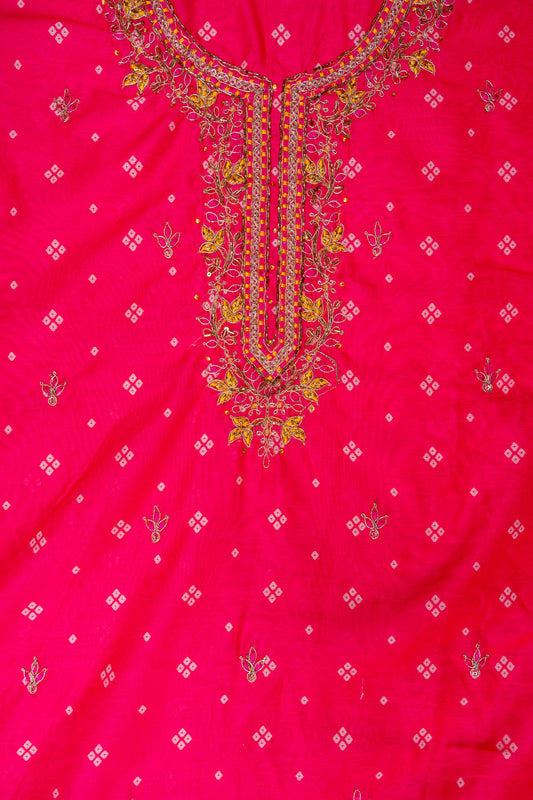 Coral Bead, Cutdana, Sequence, Swarovski, Zari Threadwork & Bandhini Printed Chanderi Cotton Unstitched Salwar Suit With Cotton Dupatta