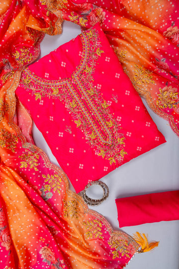 Coral Bead, Cutdana, Sequence, Swarovski, Zari Threadwork & Bandhini Printed Chanderi Cotton Unstitched Salwar Suit With Cotton Dupatta
