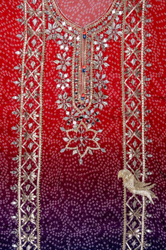 Red Gotta Patti, Mirror, Zarkan & Bandhini Printed Organza Unstitched Salwar Suit With Crepe Dupatta