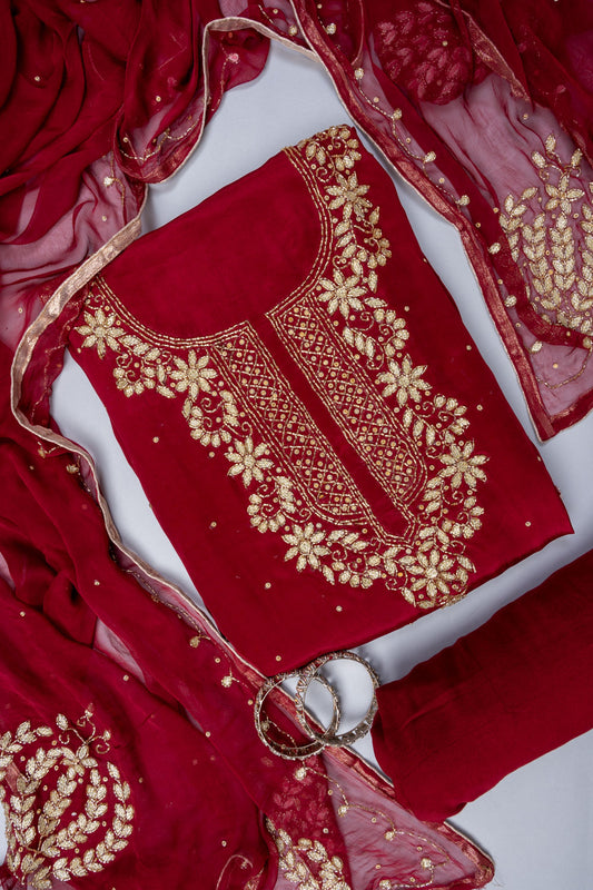 Maroon Cutdana, Chandla & Gotta Patti Crepe Unstitched Salwar Suit With Chiffon Dupatta
