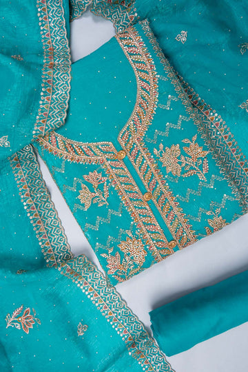 Rama Sequence, Swarovski, Zarkan & Zari Threadwork Georgette Unstitched Salwar Suit With Georgette Dupatta