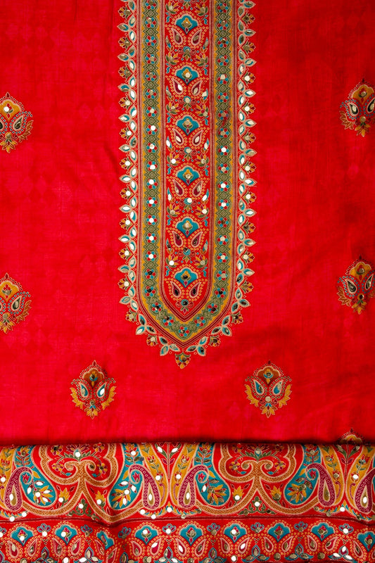 Red Banarasi Woven Zari & Mirror Work Cotton Unstitched Salwar Suit With Chiffon Dupatta