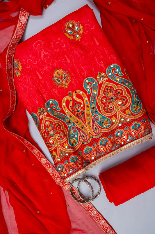 Red Banarasi Woven Zari & Mirror Work Cotton Unstitched Salwar Suit With Chiffon Dupatta