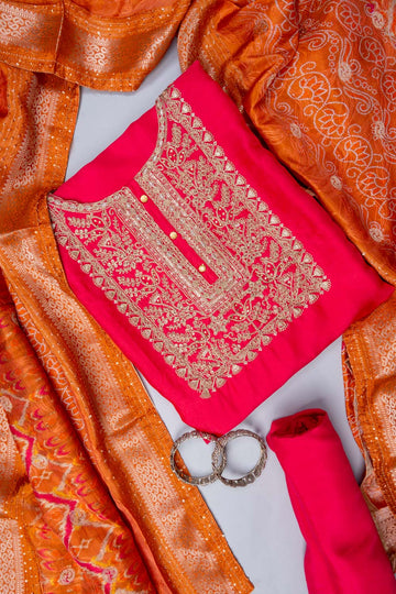 Rani Gotta Patti, Sequence & Zari Threadwork Cotton Unstitched Salwar Suit With Cotton Dupatta