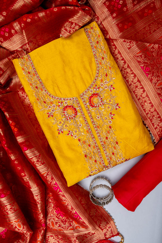 Mango Gold Bead, Cutdana, Dabka, Sequence, Zarkan & Threadwork Cotton Unstitched Salwar Suit With Cotton Dupatta