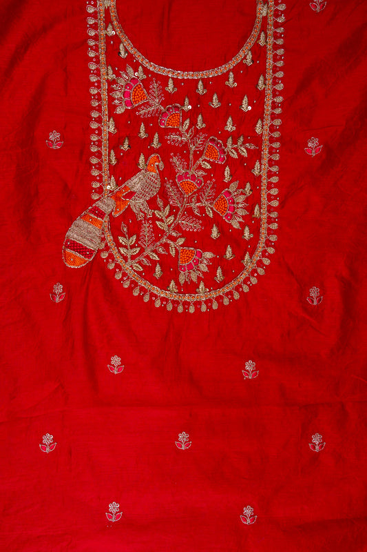 Red Bead, Cutdana, Dabka, Sequence & Zari Threadwork Cotton Unstitched Salwar Suit With Cotton Dupatta