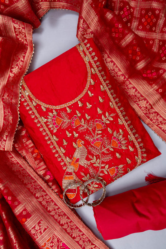 Red Bead, Cutdana, Dabka, Sequence & Zari Threadwork Cotton Unstitched Salwar Suit With Cotton Dupatta