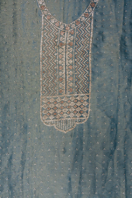 Grey Swarovski & Zarkan Tissue Unstitched Salwar Suit With Tissue Dupatta