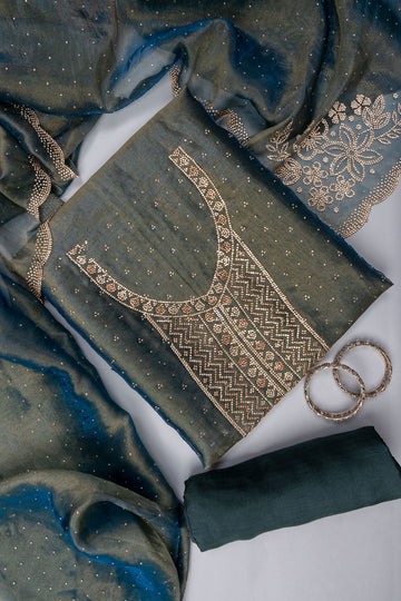 Grey Swarovski & Zarkan Tissue Unstitched Salwar Suit With Tissue Dupatta