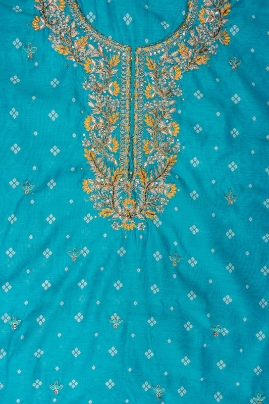 Light Firozi Bead, Cutdana, Sequence, Swarovski, Zari Threadwork & Bandhini Printed Chanderi Cotton Unstitched Salwar Suit With Cotton Dupatta