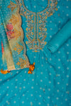 Light Firozi Bead, Cutdana, Sequence, Swarovski, Zari Threadwork & Bandhini Printed Chanderi Cotton Unstitched Salwar Suit With Cotton Dupatta