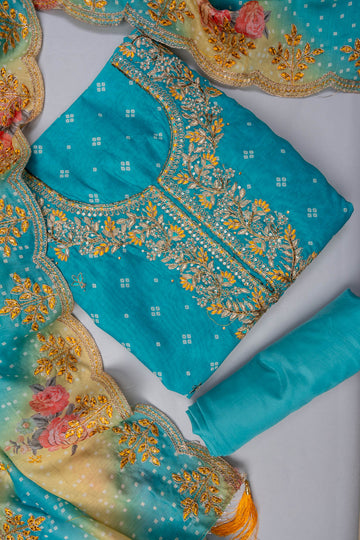 Light Firozi Bead, Cutdana, Sequence, Swarovski, Zari Threadwork & Bandhini Printed Chanderi Cotton Unstitched Salwar Suit With Cotton Dupatta